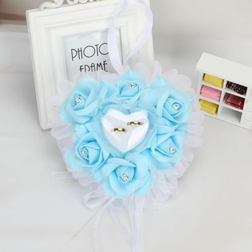 SYSUII Hochzeit Ringkissen, romantische herzförmig Ringhalter Rosen Eheringkissen Ringbox Schmuck Hochzeit Geschenk Ringbox Ringträger Paar Ring Halter für Brautjungfer, Hochzeitsring Verlobung -Blau