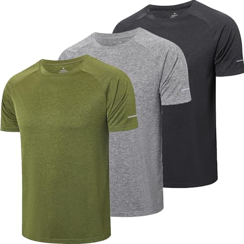 ZENGVEE 3-pack Kläder Träning Sporttröjor Herr Löpartröja Kortärmad Snabbtorkande Ventilerande Sportskjorta Män Kortärmad Träningströja, Svart, Grå, Grön, XL