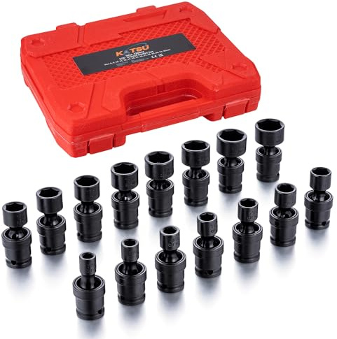 KATSU 15 Stück Drehgelenk-Schlagschrauber-Stecknuss 3/8 Metrisch 8–22mm 6 Punkt CR-MO Kraft-Kugelgelenk Gelenk Steckschlüssel für Autoreparatur Garage 420411