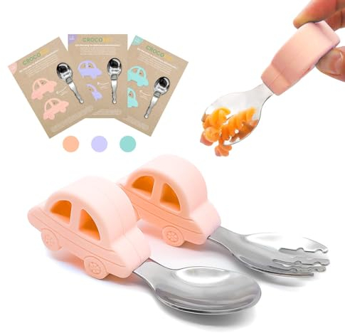 CROCOKID® Babybesteck ab 18 Monaten - Ergonomische BLW Gabel & Löffel aus Edelstahl & Silikon, Lustige Autoform & BPA-frei | Lernbesteck für Babys - Pfirsich