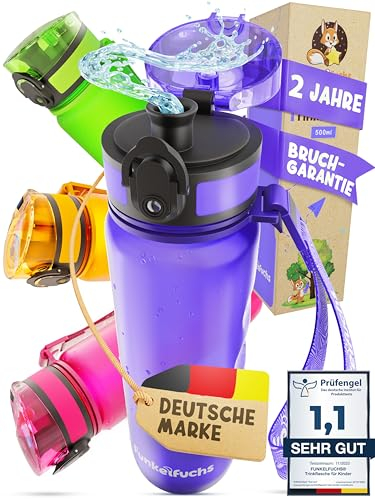 Funkelfuchs®- Trinkflasche für Kinder – 500ml, Lila – Kohlensäure geeignet - 100% auslaufsicher - Wasserflasche spülmaschinenfest - für Kindergarten, Einschulung, Schule, Sport
