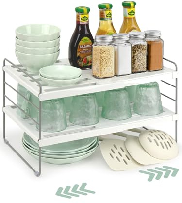 JUPELI Expandable Cupboard Shelf Organiser, Adjustable Kitchen Cabinet Shelf for Worktop or Cupboard, Sturdy Pantry Storage for Plates, Spices & Tins, Easy No-Tool Assembly, Anti-Slip Base (26–41cm)