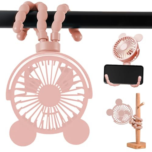 Fancysky Ventilador para Cochecito con Clip para Trípode,Ventilador de Escritorio USB Recargable Portátil Versátil Silencioso,360°Rotación,3 Velocidade,Para Cochecito,Asiento de Coche,Camping (Rosa)
