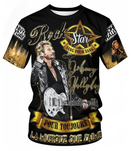 Johnny Vintage T-Shirt Manche Courte pour Homme Motif Hallyday Imprimé Décontracté Tops Graphic Tees Shirts Col Rond Chemises