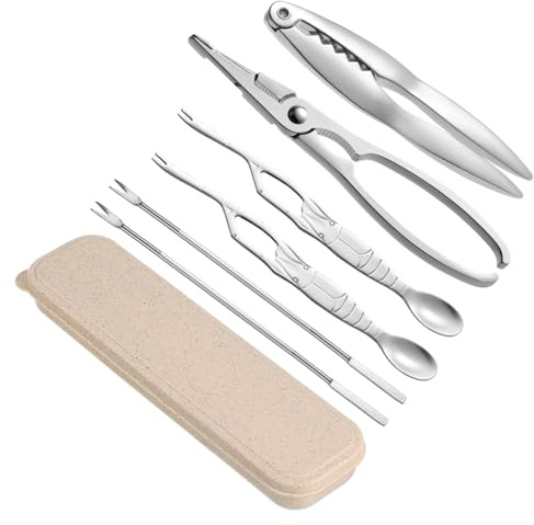 PHENOFICE Ensemble d'Ustensiles de Fruits de Mer en Acier Inoxydable Casse-Crabes et Pince à Homard Ergonomique Outils Multifonctions pour Crabe et Crustacés Accessoires Cuisine 6 Pièces
