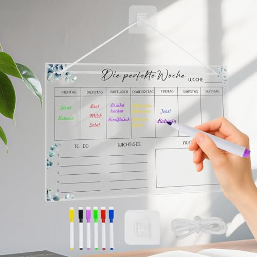 Planificador semanal lavable, planificador de comidas, semana de acrílico para el hogar, 30 x 20 cm, planificador familiar con 6 rotuladores para pizarra blanca, planificador del hogar para colgar