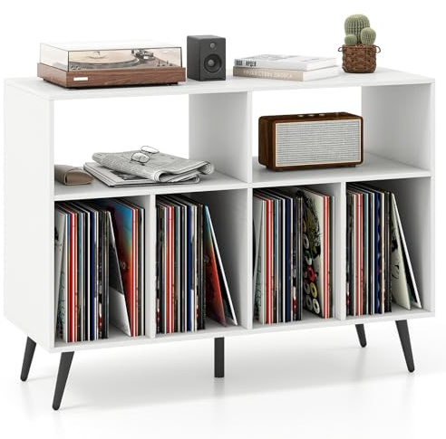 GOPLUS Meuble Vinyle à 3 Niveaux pour Disques Vinyles, 100 x 40 x 74,5 CM, Meuble Platine Vinyle avec Support Tourne-disque, 5 Pieds en Métal et 2 Dispositifs Anti-bascule, Buffet pour Salon et Bureau
