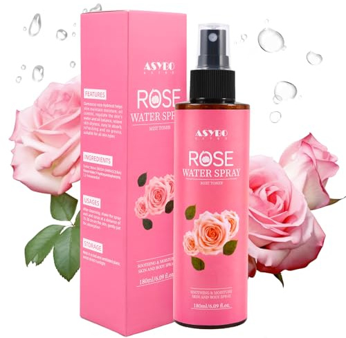 ASYBO Spray d'eau de rose 180 ml – Spray à la rose de Damas 100 % naturel pur pour le visage, le corps et les cheveux, tonique du visage, fumier de rose apaisant, hydratant, pénètre rapidement