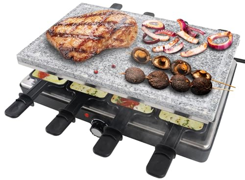 YRHome Griglia per raclette da 1500 W, per 8 persone, con piastra in pietra e piastra per barbecue, 8 padelle e spatole in legno, temperatura regolabile