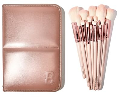 BEAUTY BAY Rose Glow Professional Makeup Brush Set, Synthetic Bristles, 18-Piece Collection with Stand, Rose Gold, for Face and Eye Makeup Application