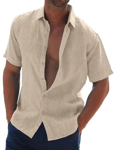 Relwxea Mens Linen Shirts Short Sleeved Summer Beach Shirt Regular Fit Cotton Shirt Button Down Loose fit Holiday Shirt