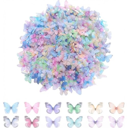LONZIKP Farfalle 3D, 50 pezzi, tessuto in organza, in chiffon traslucido, decorative, in rete applicate, 3d multicolore per decorazioni fai da te, scrapbooking, bagagli, fermaglio per capelli