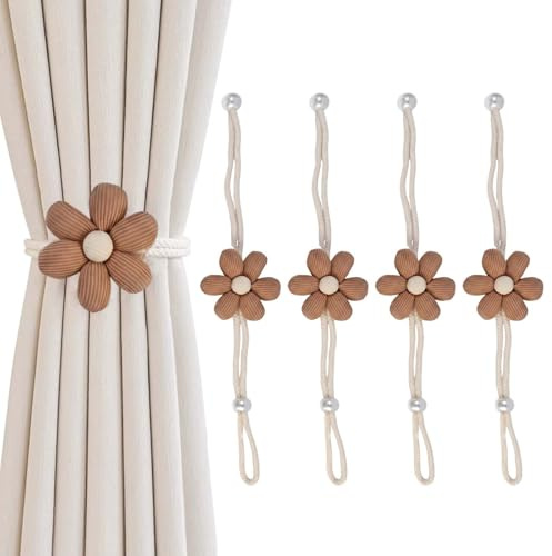 4 Piezas AlzapañOs Cortinas, Sujeta Cortinas con Flores, Cuerda Trenzada De AlgodóN Recoge Cortinas, Adecuado para Dormitorio, Sala De Estar Y Oficina (Marrón Café) (Marrón Café)
