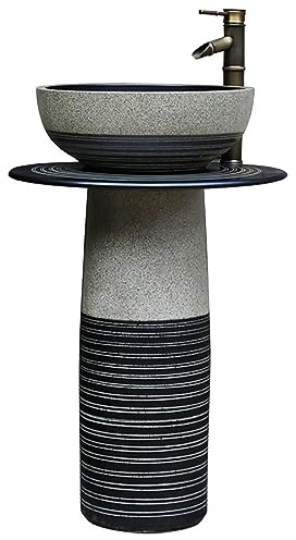 LQAIomn Handcrafted Ceramic Wash Basin Farmhouse Bathroom Sink Freestanding, Novelty Kaolin Clay Pedestal Sink Without Faucet&Pop Up Drain