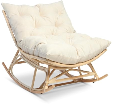 Desser Natural Rattan Papasan Rocking Chair with Square Handmade Cushion – Handcrafted Solid Rattan Rocker for Living Room, Bedroom, Conservatory & Dry Outdoor Use – Natural in Country Beige