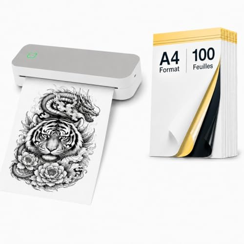 Ablemark Imprimante Thermique A4 Bluetooth + Papier Transfert Tatouage A4 100 Feuilles