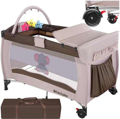 tectake® Cuna Bebe Plegable y Ajustable, Parque Infantil con Corralito y Bolsa de Transporte, Cama Infantil Portátil, Corral para Bebe - 132 x 75 x 104 cm Diseño Elefante Marrón
