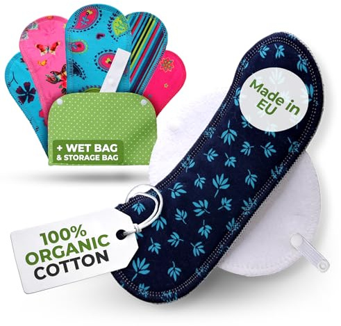 Compresas Reutilizables Ecológicas de Bambú Puro (Single M); Compresas de Tela Lavables para Mujer HECHAS EN LA UE; Compresas Tela Mujer Organico con alas para menstruación, incontinencia