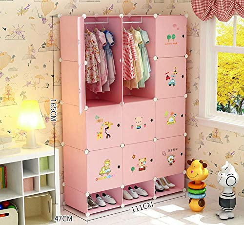 yqtoy Armario De Dormitorio Armario para Niños Grupo De Dibujos Animados Armario De Almacenamiento para Niños Armario De Combinación Simple De Plástico-Rosa 12 Puertas 2 Polos A
