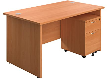 Office Hippo Panel Desk with 2 Mobile Storage Including Filing Drawer, A4, Foolscap, Engineered Wood, Beech, 140 x 80 x 73 cm