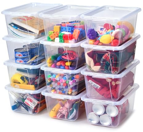 GAMENOTE 6 Quart Storage Bins with Lids, Plastic Latching Box for Classroom & Kids Toy Storage,Stackable Shoe Box Size Containers for STEM Morning Tubs, Crafts & Building Blocks (12, Clear)