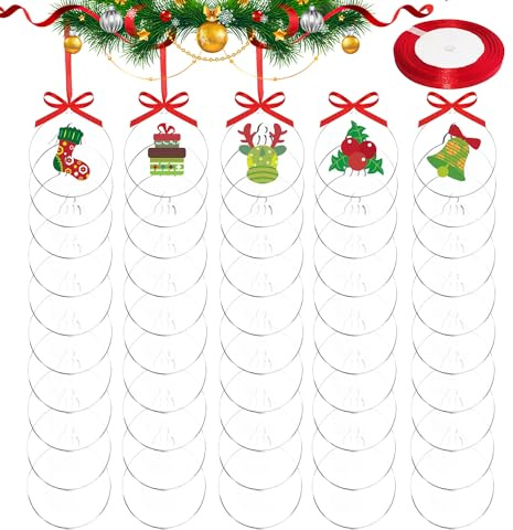 DARENYI 50 Piezas Bolas de Navidad de Acrílico Transparente Adornos Navideños con Cinta Roja para Decoración de árbol de Navidad（7.6cm）
