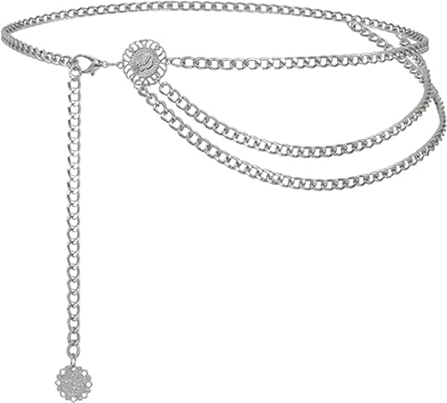 SCHYIDA Taillenkette Silber, Kettengürtel Bauchkette Silber Waist Chain 90cm Verstellbare Hüftkette Taille Kette Bauchschmuck Belly Chain Taillenkettengürtel Damen Körperkette für Party, Täglich