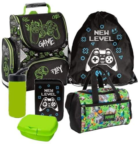 Player Schultasche Games Play Pixel 6 Teile Set Tornister Ranzen Schulranzen Tasche Federmappe mit Sticker-von-Kids4shop Schulrucksack