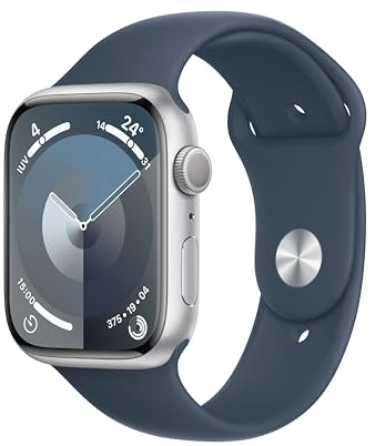 Apple Watch Series 9 [GPS] Smartwatch con Caja de Aluminio en Plata de 45 mm y Correa Deportiva Azul tempestad - Talla M/L. Monitor de entreno, App Oxígeno en Sangre, Resistencia al Agua