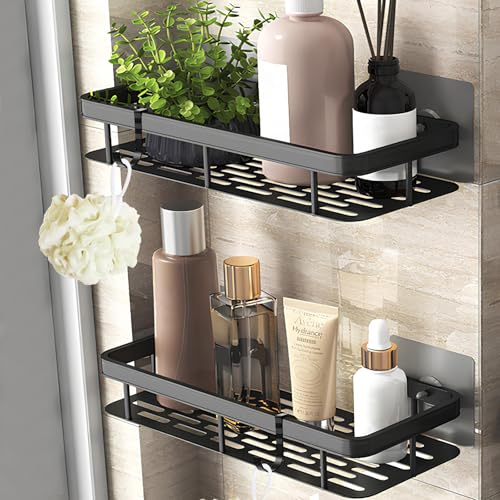 PRIME ESSENTIALS® Pack de 2 Estanterías de Baño Adhesivas sin Taladro en Aluminio Negro | Estante de Ducha con Ventosas I Organizador Adhesivo de Ducha I Accesorios de Baño I Mueble Adhesivo de Baño.