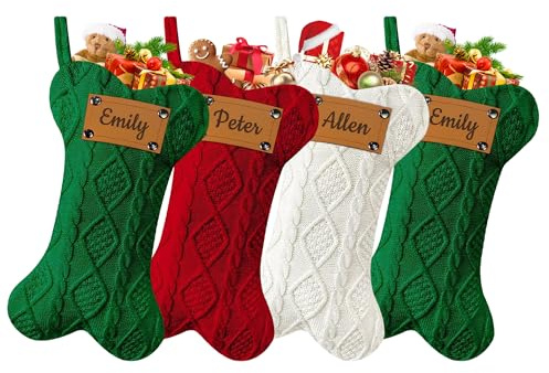 Personalized Pet Christmas Stockings with Names, Customized Large Bone Shaped Christmas Stockings, Custom Engraving Names Xmas Stockings for Dogs Cats, Family Fireplace Stairs Dogs Home Decor 4 Pcs