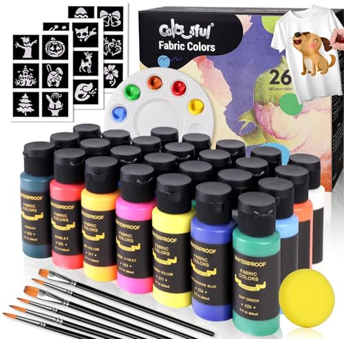 Colorful Fabric Paint Set with 6 Brushes, 1 Palette, 26 Colors 60ml Waterproof Permanent Textile Painting Kit for Adults to Arts on Clothes, Shoes, and Canvases
