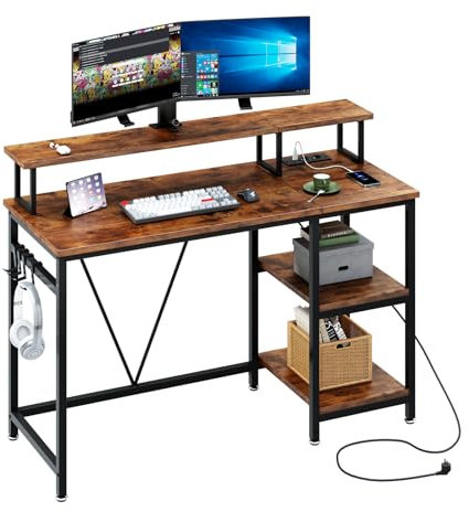 Dripex Schreibtisch mit Steckdose, Computertisch mit Monitorständer und Abnehmbarem Regal, Umkehrbarer Bürotisch für Büro und Zuhause, Klein PC Gaming Tisch 107.5x48x93.5cm, Rustikales Braun