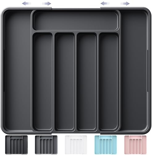 Kitsure Cutlery Drawer Organiser for Kitchen - Adjustable Cutlery Tray for Effortless Utensil Sorting, Versatile Kitchen Storage & Organisation Solution, 12.13 x 1.54 x 8.07~13.90, Black