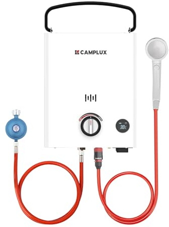 CAMPLUX First Scaldabagno a Gas 5 L/M con Maniglia, GPL, 50mbar, per Doccia Esterna, Campeggio, F5-DE