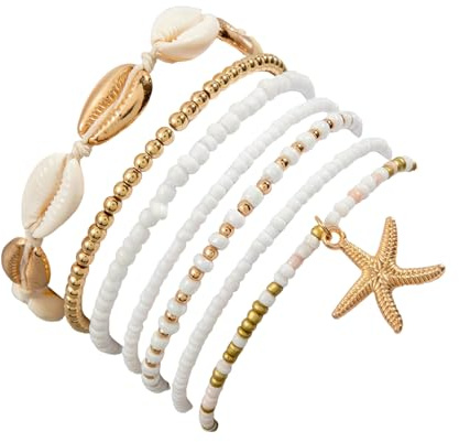 CHAOTEMAI 7 stycken armband, damer, snäckarmband, skal, armband för kvinnor, set, fotkedjor för kvinnor, boho, flerlayer pärlarmband, sommar, strandsmycken, tillbehör för flickor, kvinnor, 6.5cm