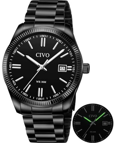 CIVO Mens Watches Stainless Steel: Analogue Date Wrist Watch for Men Black - Waterproof Quartz Watches Fashion Gifts