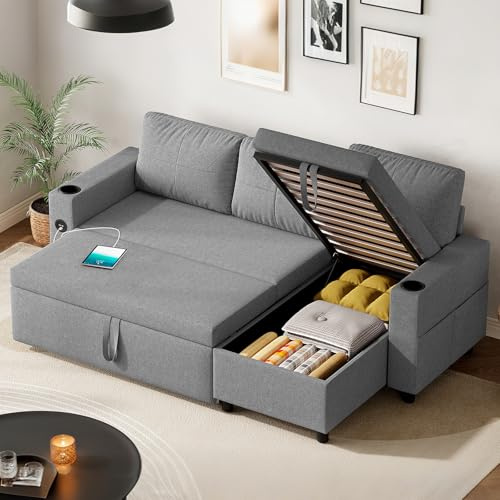 Hello-5ive Sofa Bed, L-Shaped Sleeper Sofa Couch with USB & Type-C Ports, 3 Seater Pull Out Corner Sofa Bed with Storage Chaise, Cup Holder, Sectional Sofa for Living Room, Dark Grey