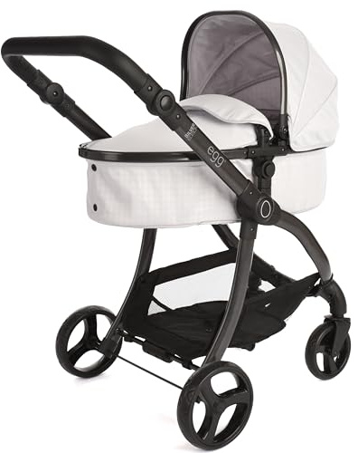 Roma egg 2-in-1 Baby Toy Dolls Pram - Houndstooth Silver Toy Pushchair with Adjustable Handle, Cocoa Leatherette, 3-Point Harness, Lightweight Frame, Perfect for Reborns & Teddies