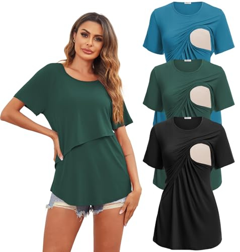 Ekouaer Confezione da 3 Magliette da Allattamento da Donna Manica Corta Gravidanza T-Shirt Estivi, Verde Scuro + Blu-Verde + Nero, S