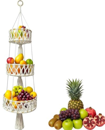 Zbozzba Corbeille à fruits suspendue en corde de coton, panier suspendu en bambou de Bohême, panier suspendu à 3 niveaux, pour cuisine, salon, salle de bain, chambre à coucher, 110 cm (beige)
