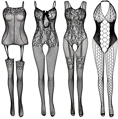Damen Fischnetz Bodys Dessous Nachtwäsche Spitze Strümpfe Blumen für Romantische Datum Tragen Reizwäsche Schwarz (4Pack)