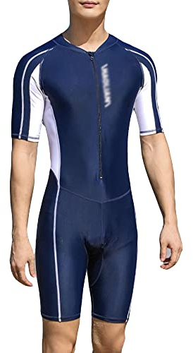 YAOTT Herren Einteiliger Badeanzug Kurzarm Badehose Surfanzug Zipper Badeshirt mit Shorts Gymnastikanzug Training Bademode Schwimmanzug Schutzkleidung Sonnenschutz Sonnenanzug Taucheranzug Marine 5XL