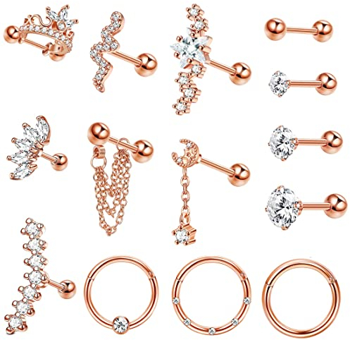 Milacolato 14St Piercing Ohr Chirurgenstahl 16G Ohrknorpel Piercing Tragus Helix Zirkonia Mond Schlange Ohrstecker Set CZ Septum Segmentring Clicker Ohrpiercing Schmuck Roségold
