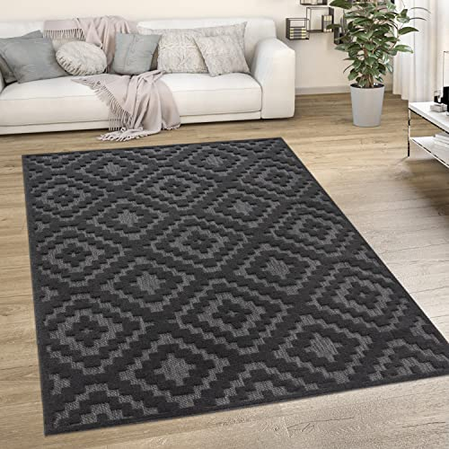 Paco Home Outdoor Teppich wetterfest & langlebig Moderne Boho-Designs mit 3D-Effekt Skandi-Look UV-beständig & robust für Balkon, Garten, Wohnzimmer & Küche, Grösse:80x150 cm, Farbe:Anthrazit 2