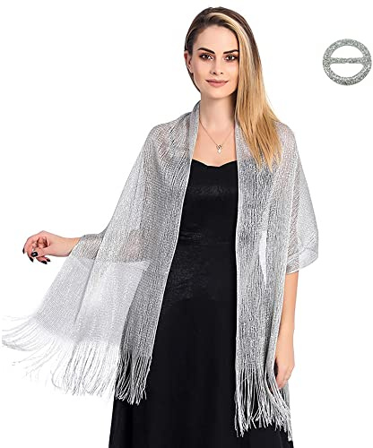 TOEECY Chales Estolas Bufanda Metálicos Brillantes para Mujer con Hebilla Chal Elegante Glitter Estola Ligera Fulares Shawl con Flecos para Bodas Bridemaids Vestido de Fiesta Partido (Plata)