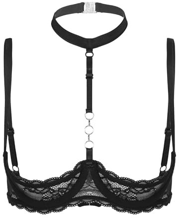 iiniim Damen Hebe BH Bustier Neckholder Push Up Spitze Bra 1/4 Bügel BH Tops Büstenhebe Büstenhalter Dessous Unterwäsche A Schwarz XL