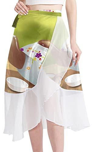 Tea Teapot and Cup Women Beach Sarongs Sheer Cover Ups Chiffon Bikini Wrap Skirt for Swimwear Multicoloured