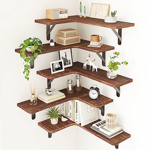 Fixwal Corner Floating Shelves for Wall, Rustic Wood Wall Mounted Shelf for Bathroom, Kitchen, Bedroom, Home Decor, Laundry Room, Living Room, Set of 5 (Dark Carbonized Black)