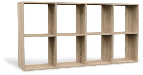 CDF Estantería con 8 compartimentos para cubos abiertos para sala de estar | Estantería para estudio 2 x 4, para libros, decoración, fotos, estudio, pasillo, roble Sonoma, 30 x 147 x 75 cm